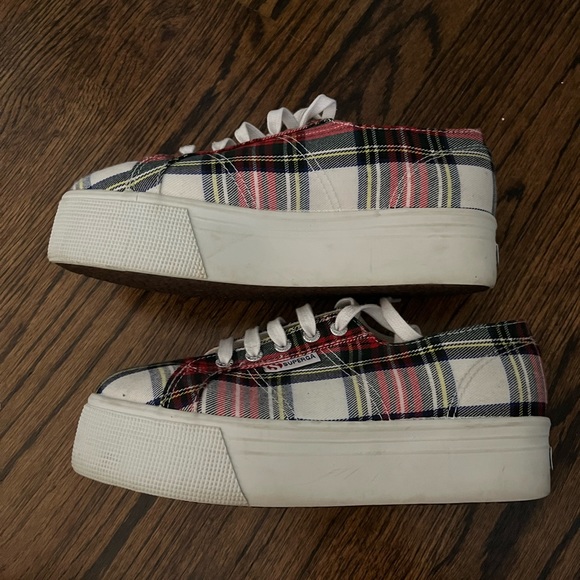 Superga size 38 (7.5 W) red & black plaid platform sneakers - Picture 1 of 5